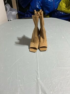 Stretch Sock Peep-Toe Booties in Tan 1043